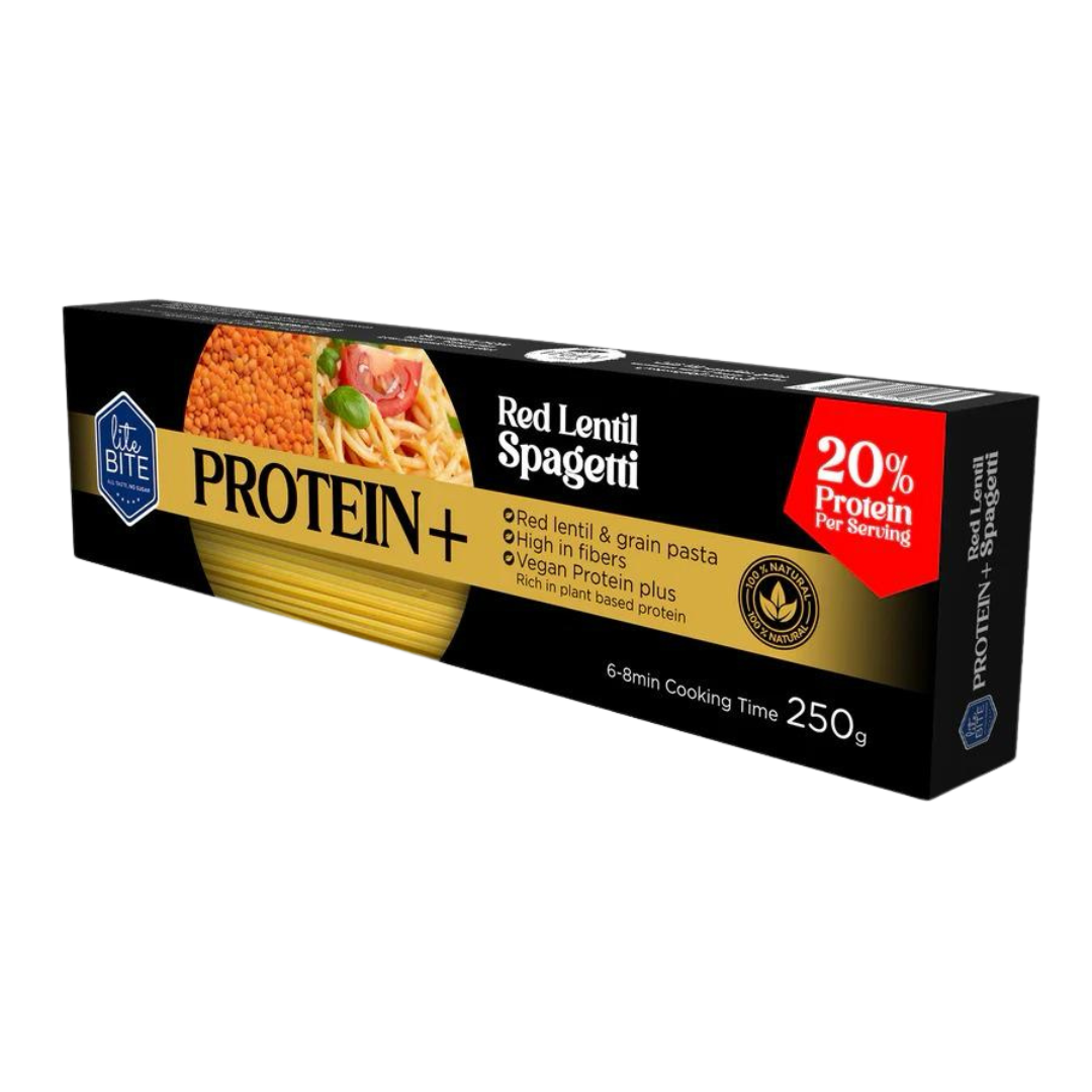 Lite Bite Protein+ Red Lentil Spaghetti 250g box, high-protein vegan pasta made from red lentils and grains. Packaging shows spaghetti strands, red lentils, and a serving suggestion.