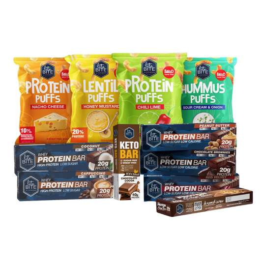 Assorted protein snacks bundle including protein bars and puffs by The Growth Co UAE.
