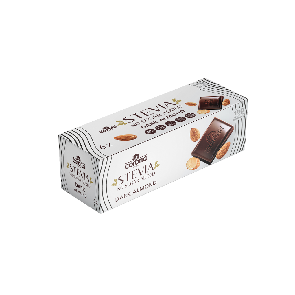 Sugar free dark chocolate almond bar sweetened with Stevia no sugar added box by The Growth Co UAE
