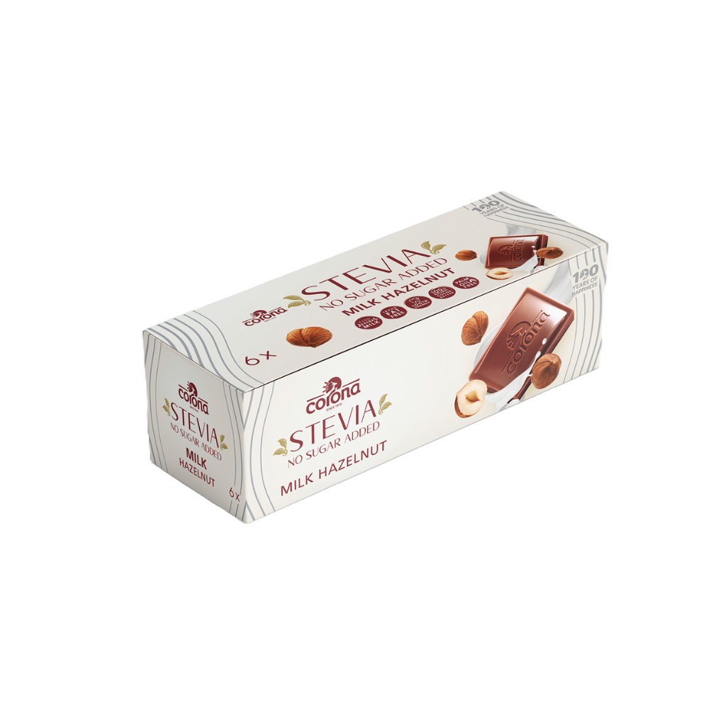 Sugar free milk hazelnut chocolate bar sweetened with Stevia no sugar added box by The Growth Co UAE