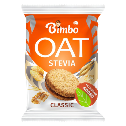 Bimbo Sugar Free Oat Biscuits Classic with Stevia 30g pack showing oat biscuit image and no sugar added label from The Growth Co UAE