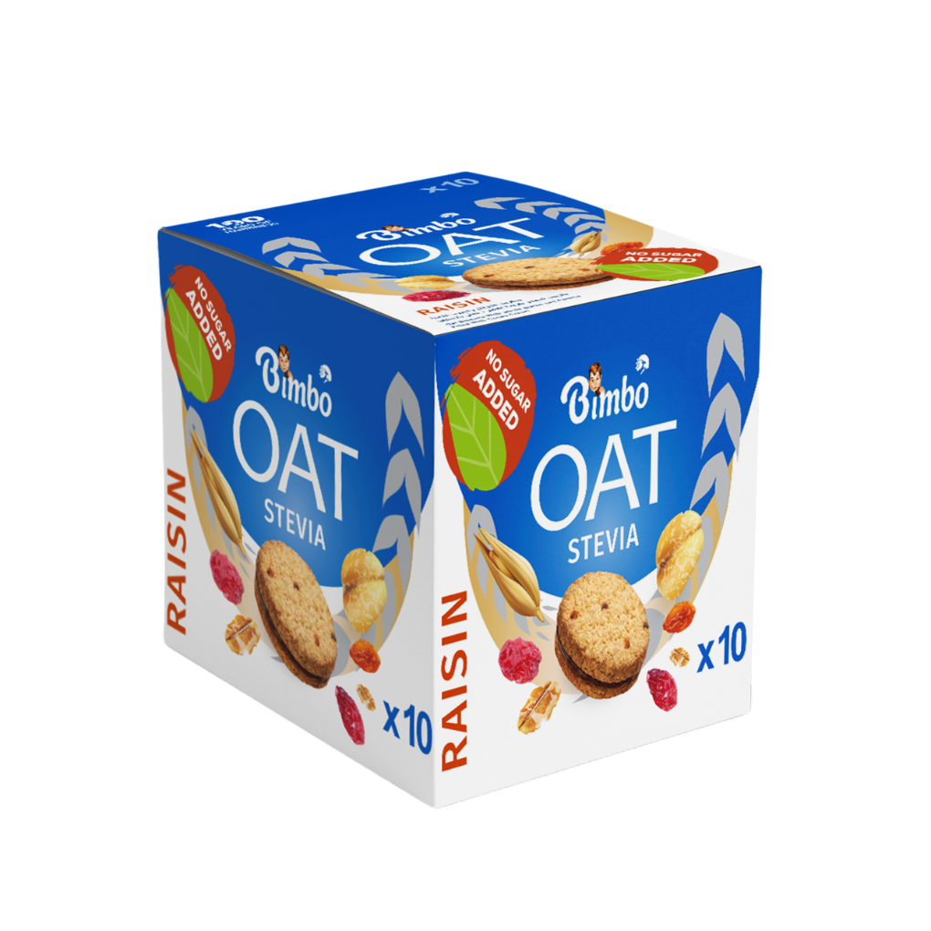 Box of sugar free oat biscuits with raisin sweetened with Stevia no sugar added by The Growth Co UAE 10 packs of 30 grams each