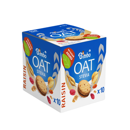 Box of sugar free oat biscuits with raisin sweetened with Stevia no sugar added by The Growth Co UAE 10 packs of 30 grams each