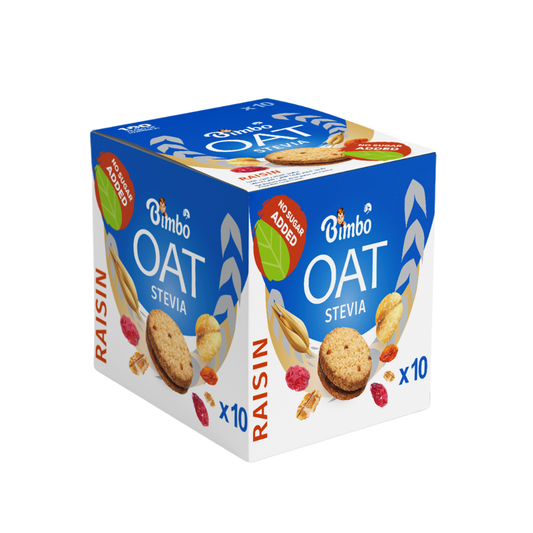 Box of sugar free oat biscuits with raisin sweetened with Stevia no sugar added by The Growth Co UAE 10 packs of 30 grams each